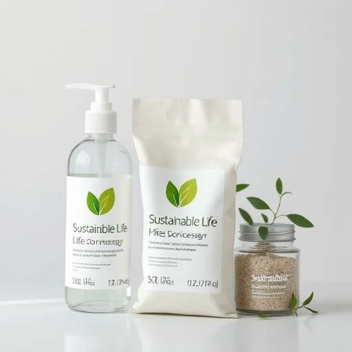 Meticulously curated still life photograph showcasing sustainable items: a smooth grey-green ceramic mug, a folded natural linen textile swatch, a polished wooden utensil, and a sprig of fresh rosemary, on a light concrete surface.